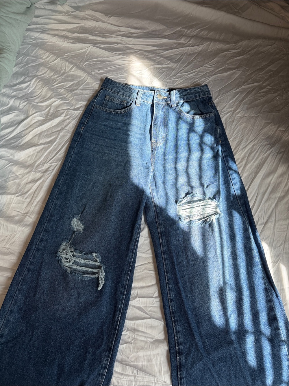 SHEIN Dark Blue High-Rise Wide Leg Distressed Jeans